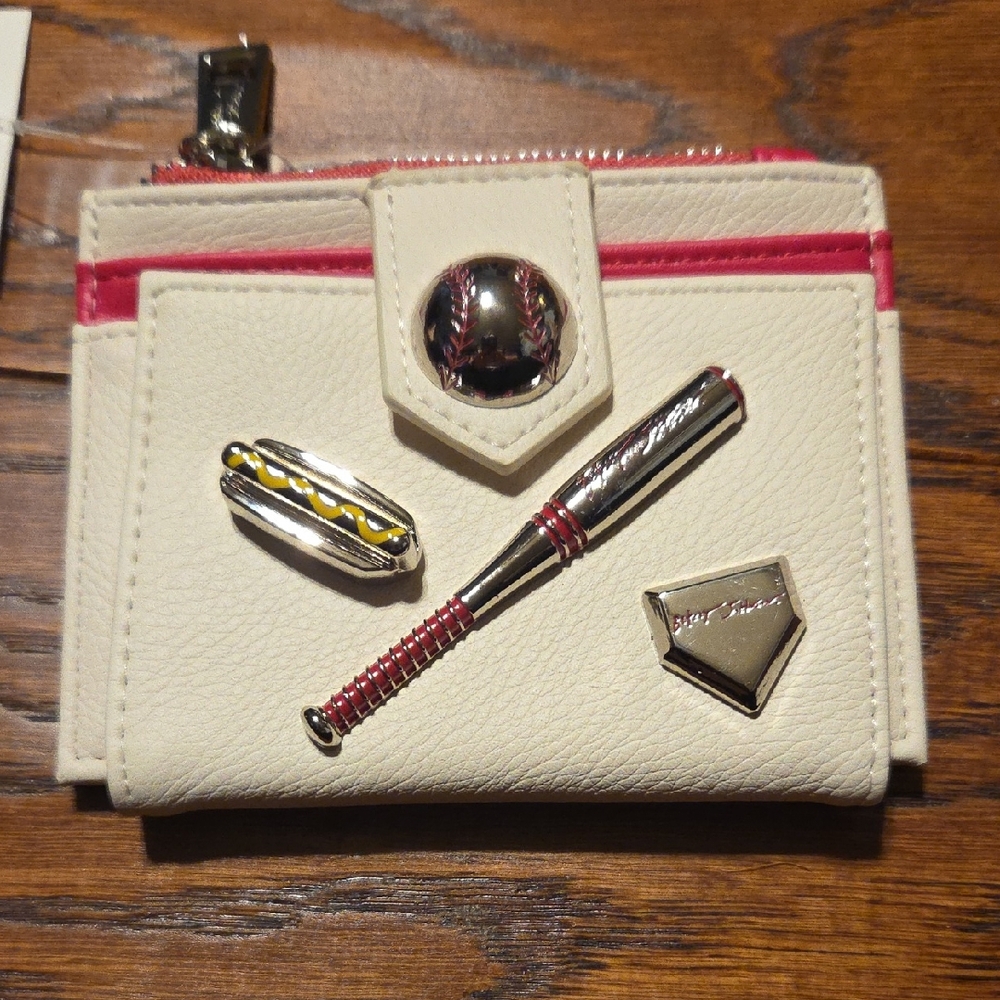 Cream and Pink Betsy Johnson Baseball Themed Wallet Hit Me Up Bifold